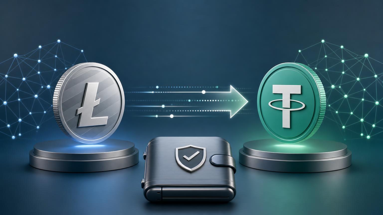 A beginner reviews the LTC-to-USDT exchange details, including networks, recipient address, quoted amount, fees, and transaction status
